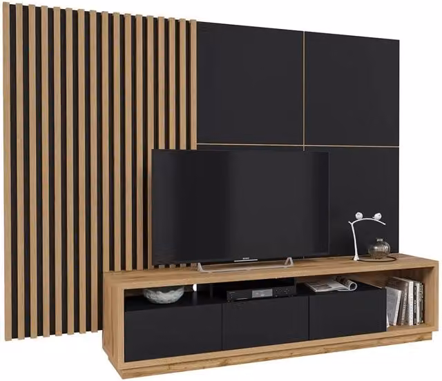 Mobile TV XL Meublorama collezione CLARA con pannello murale decorativo, Colore quercia e nero opaco