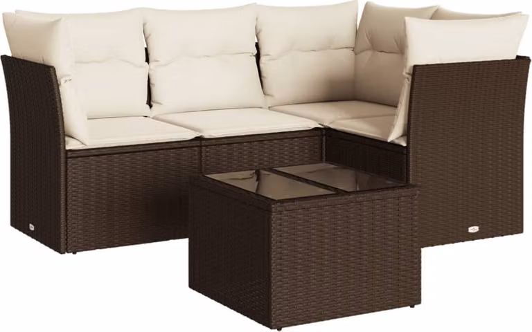 Set Divano da Giardino 5 pz con Cuscini Marrone in Polyrattan