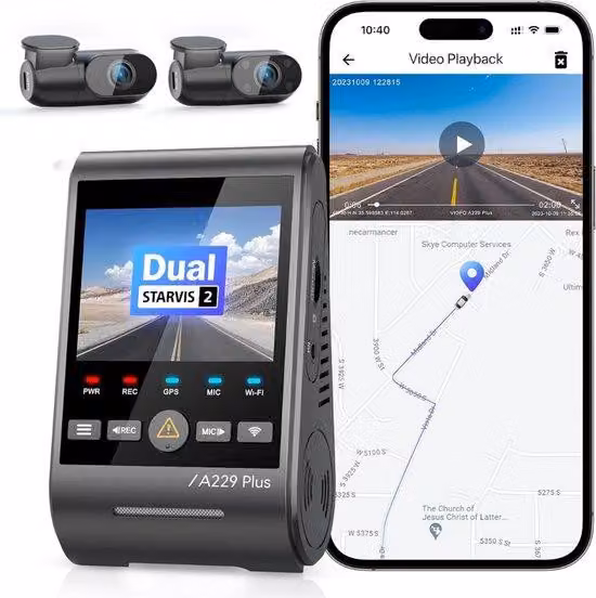 Set doppia telecamera per auto - Videoregistratore Full HD per auto - Telecamera a doppio obiettivo - Visione notturna - Sensore di movimento - Modalità parcheggio - Registrazione in loop - Obiettivo grandangolare - Con slot per schede SD