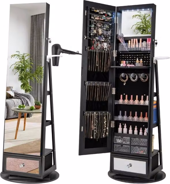 Armadietto portagioie Design Mania con specchio lungo, luci LED e serratura, Nero – 1