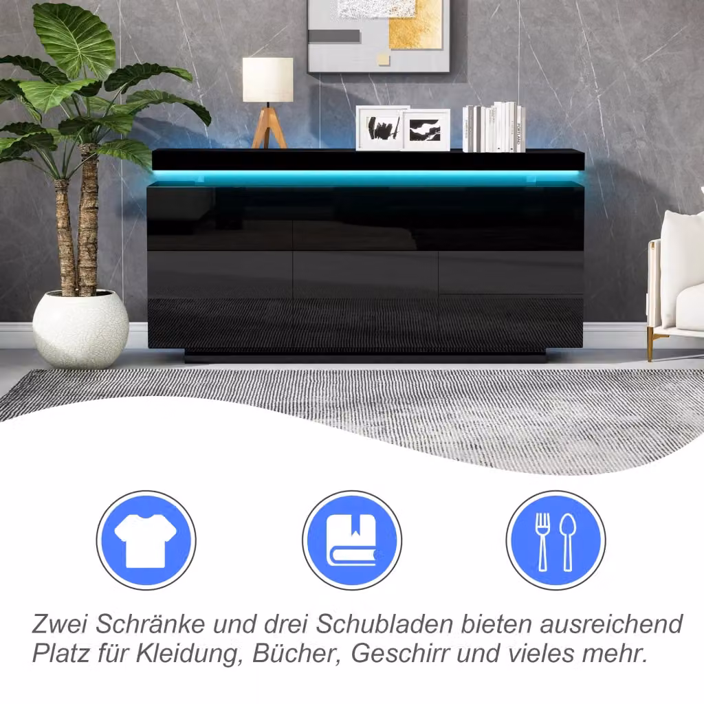 Sideboard REDOM moderno in nero lucido con illuminazione LED integrata, 2 ante e 3 cassetti, L: 140 cm, P: 35 cm, H: 72,5 cm – 2