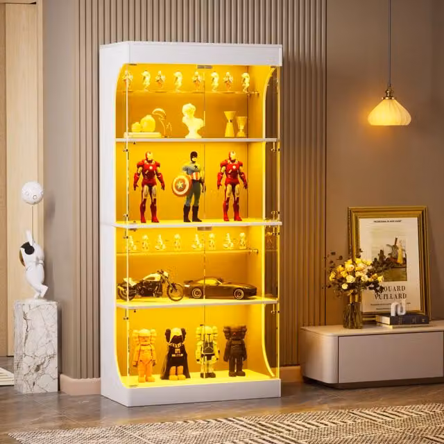 Vetrina 80.0x35.0x165.0 cm con illuminazione LED; stazione di ricarica e sensore di movimento in vetro e truciolare; bianca