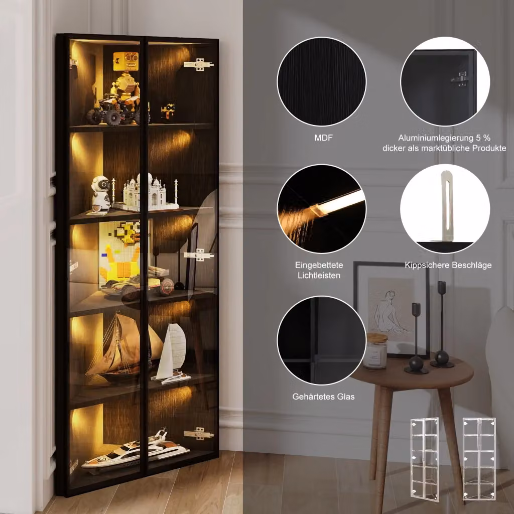 Vetrina angolare moderna REDOM in MDF e vetro nero con illuminazione LED e ante soft-close L: 62 cm, P: 35 cm, H: 160 cm – 2