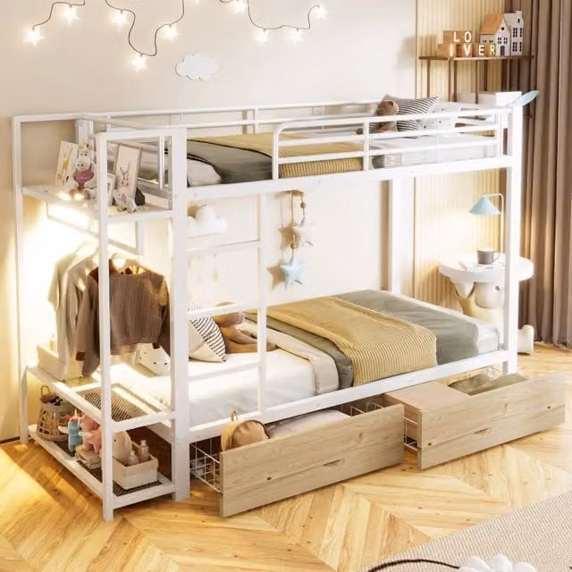 Letto a castello 90 × 200 cm, 2 cassetti, ripiani, LED regolabile e stendino, materasso non incluso, bianco