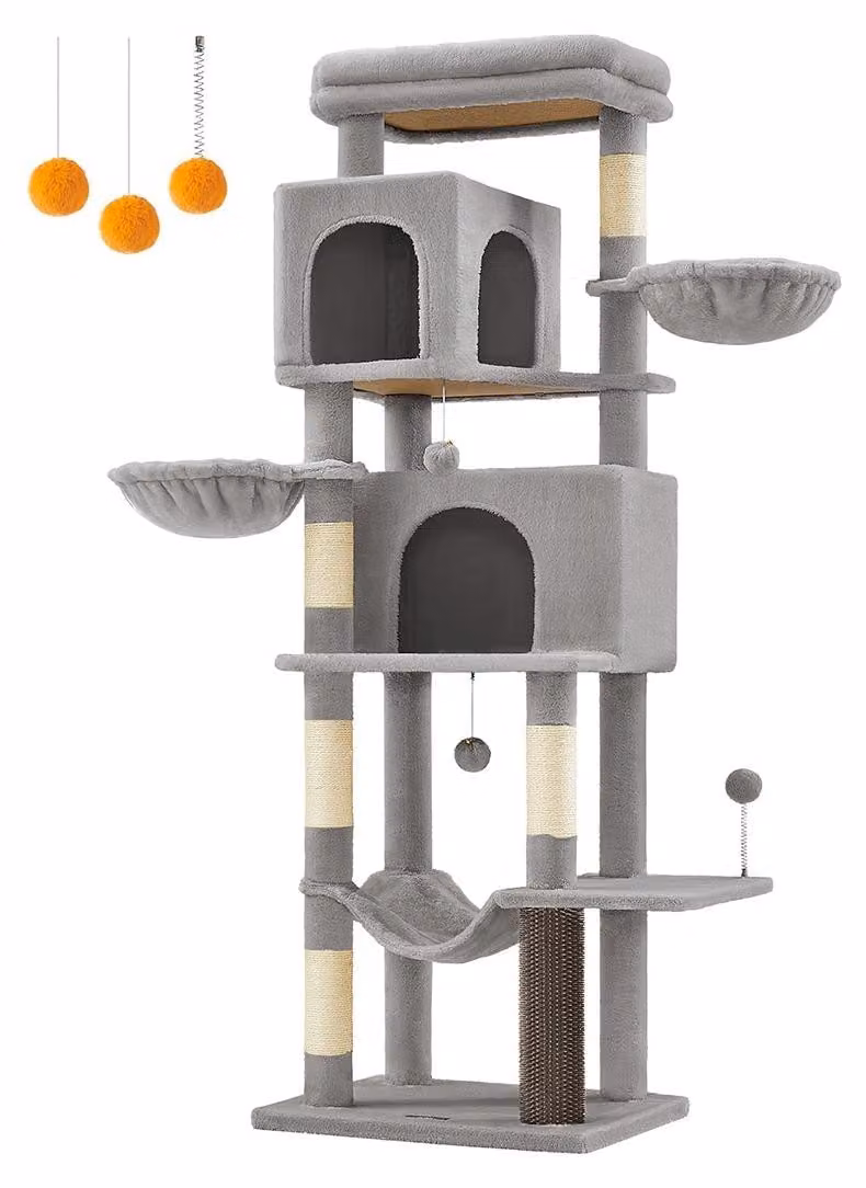 Albero per gatti grigio con casetta – Cavo in sisal – Pannello di truciolato – 57 x 45 x 175 cm