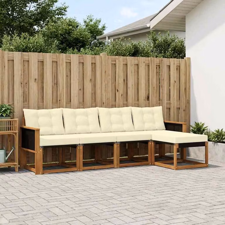 Set di divani da esterno vidaXL 5 pezzi in legno di acacia con sedute in textilene, colore beige e bianco