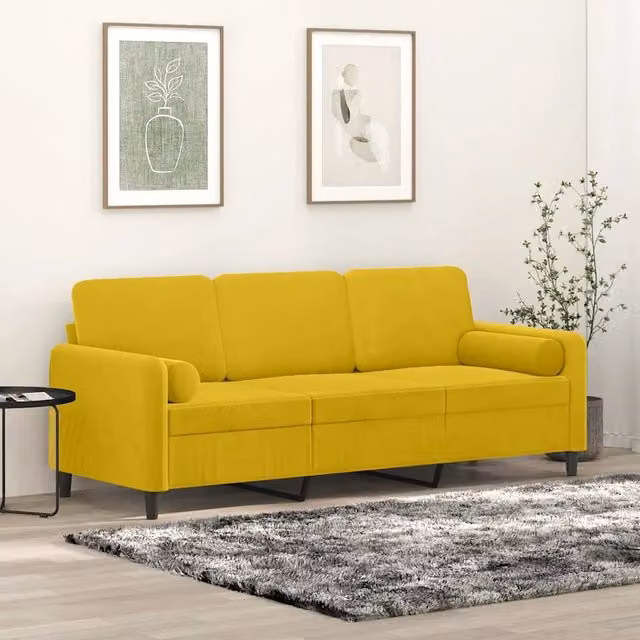 Divano a 3 posti moderno vidaXL in velluto giallo con cuscini e coperture rimovibili L: 198 cm, P: 80 cm, H: 77 cm