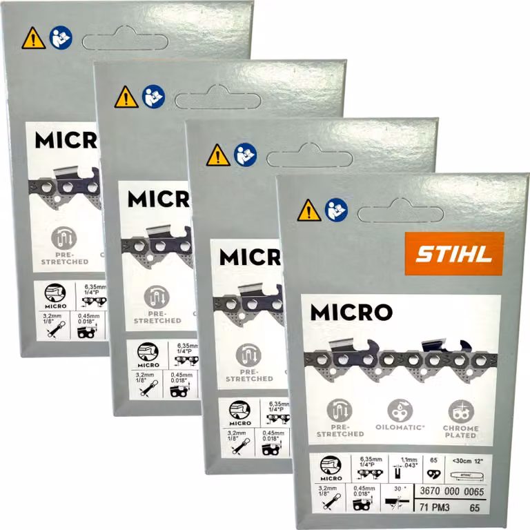 Stihl 4x catena per motosega 1/4" Picco Micro 3 (PM3) da 30 cm, 1/4" P 1,1 mm, 65 TG, 4 pezzi (4x 36700000065)