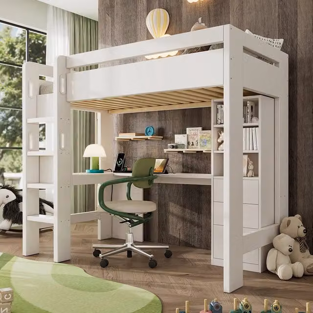 Letto a castello-Xylo-90x200 cm-scrivania L, ripiani, cassetti, USB/Type-C, bianco