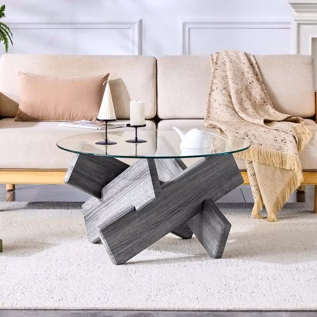 Tavolino da salotto rotondo Zephmum in MDF e vetro, colore grigio e trasparente, Diametro: 79 cm