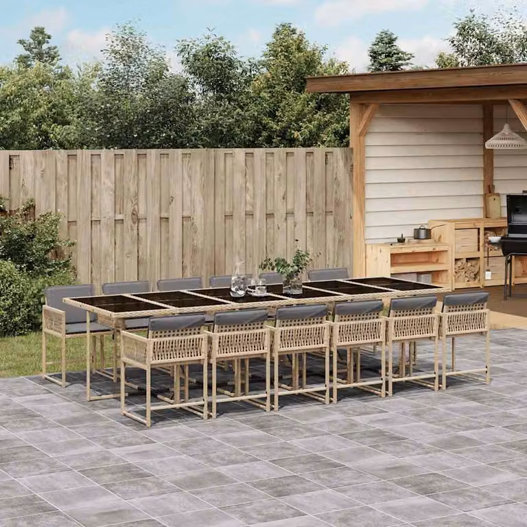 Set Pranzo da Giardino vidaXL 13 pz in Polyrattan con Cuscini Beige e Piano in Vetro