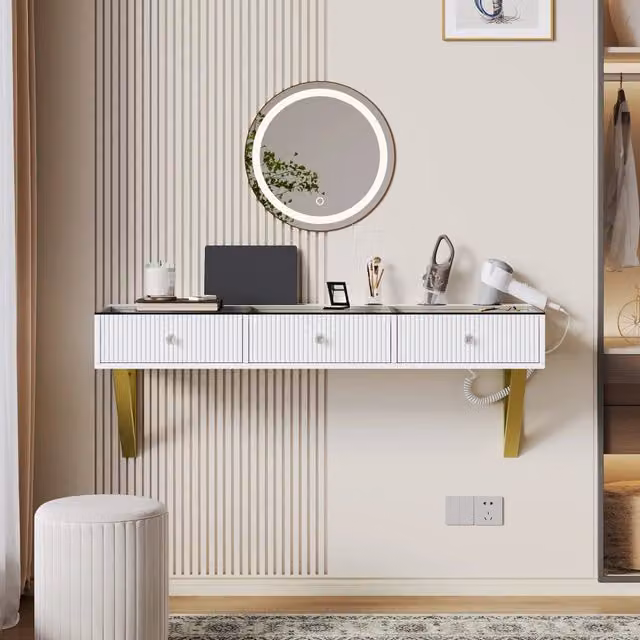 Toeletta REDOM Bianca con 3 cassetti e piano in vetro L/P/H: 120 x 40 x 45 cm – 1