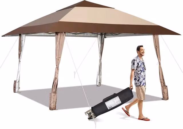 Costway Gazebo da patio portatile con ruote e protezione UPF 50+, tettoia pop-up impermeabile in metallo per esterno, Beige