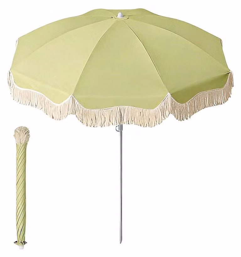 Ombrellone da spiaggia 150 cm, stile boho chic con frange, design vintage, protezione UV UPF 50+, resistente all'acqua, color beige