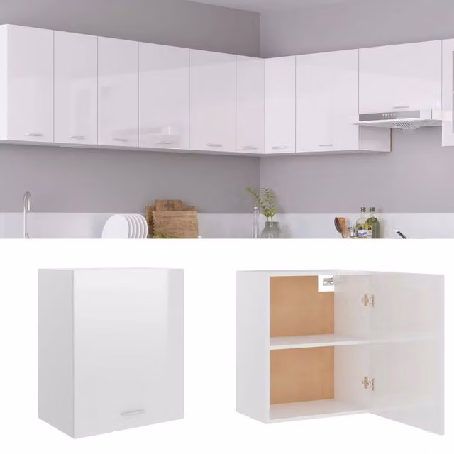 Mobile Pensile Moderno vidaXL Bianco Lucido con Ante a Battente per Cucina o Soggiorno L: 50 cm, P: 31 cm, H: 60 cm