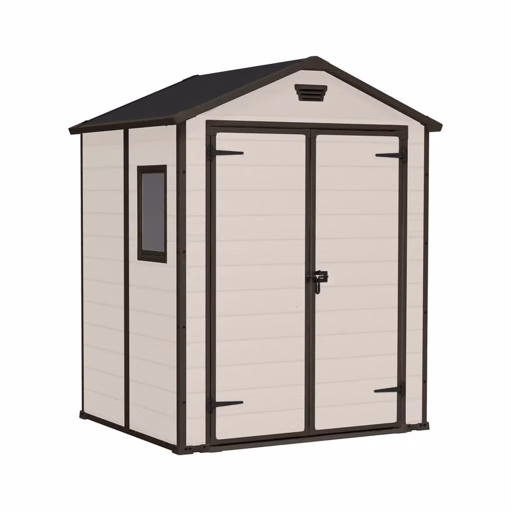 Casetta da giardino Cranbrook DMORA, capanno da esterno e ripostiglio per attrezzi in plastica con doppia porta e finestra, Beige, L 185 cm x P 152 cm x H 226 cm – 2