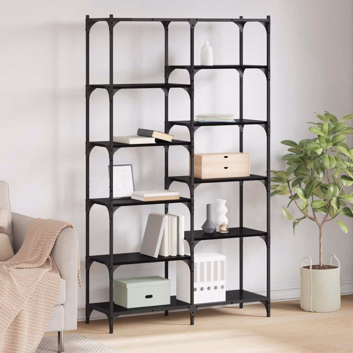 Libreria industrial vidaXL a 9 livelli in metallo e MDF nero L 100 cm x P 32 cm x H 170 cm