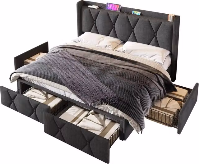 Letto Matrimoniale 160x200 Imbottito Grigio con 4 Cassetti e Testiera con Prese USB
