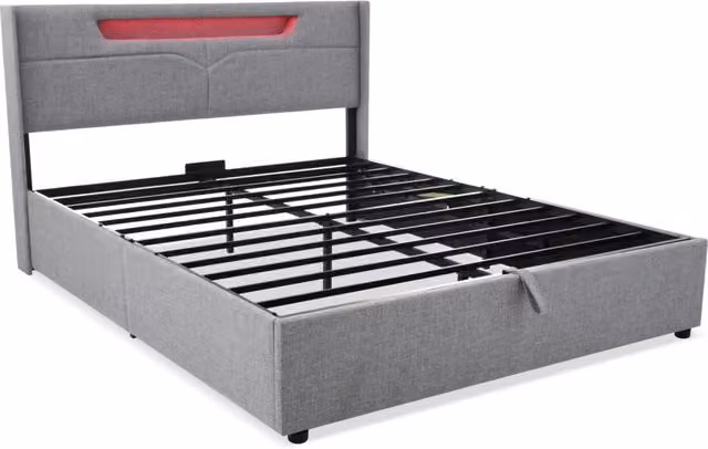Letto matrimoniale imbottito 160x200 cm con illuminazione LED e ricarica USB Tipo C, struttura in lino grigio con rete a doghe