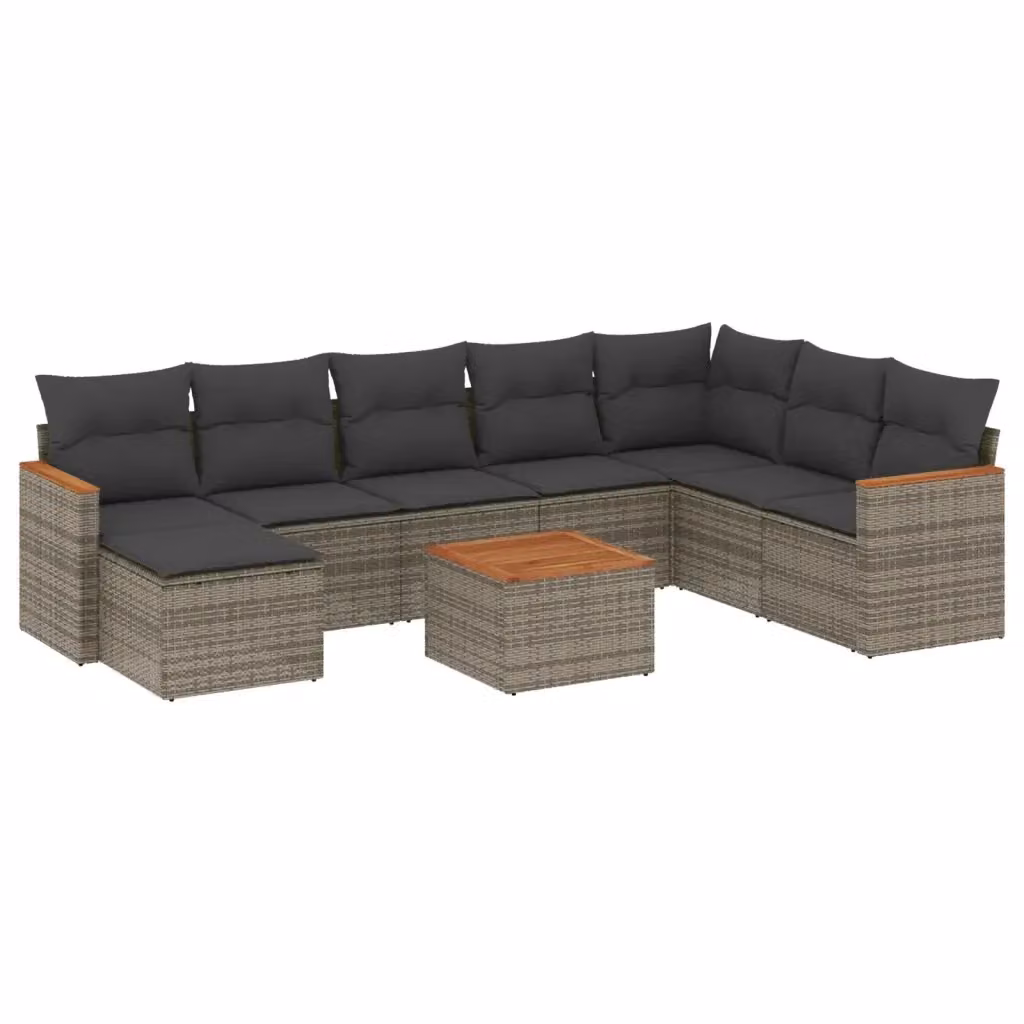 vidaXL Set Divano da Giardino a L 9 pz in Polyrattan Grigio con Cuscini e Tavolino da Esterno – 2