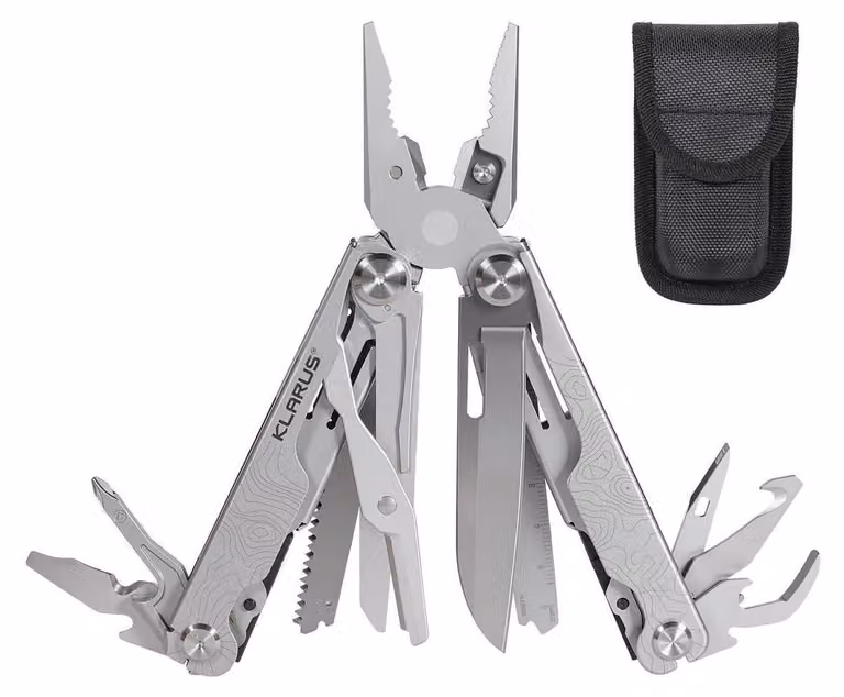 Set regalo multifunzione 20-in-1 per uomini, con pinza, coltello a scatto, fondina e finiture argentate