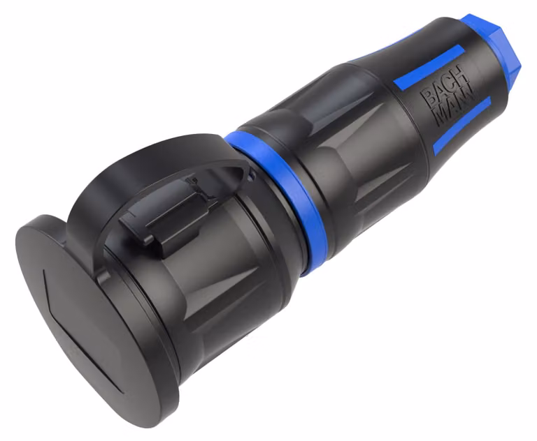 BACHMANN Connettore di sicurezza professionale CEE7/3, nastro di copertura, gommato, LED di alimentazione, IP54, nero/blu