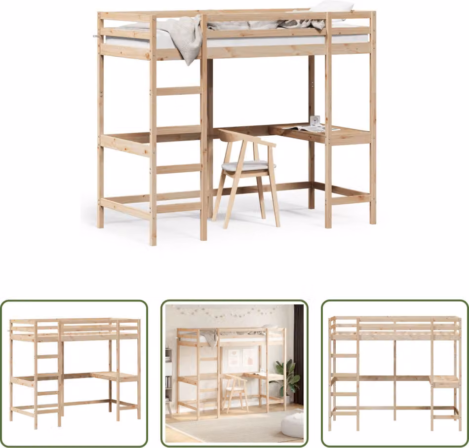 The Living Store Letto a soppalco con scrivania 90x200 cm in legno di pino massiccio