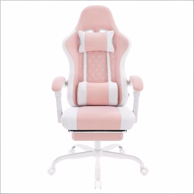 Sedia da ufficio ergonomica con massaggio lombare, poggiapiedi e schienale reclinabile in tessuto a rete rosa e bianco