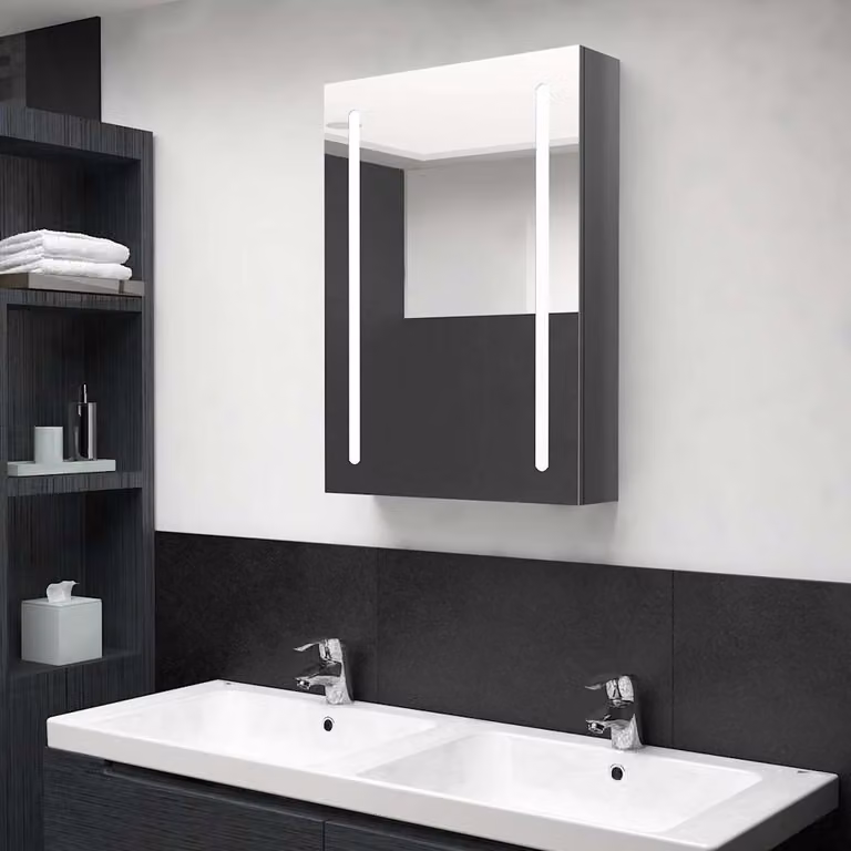 Armadietto da bagno moderno vidaXL in MDF grigio lucido con specchio e illuminazione LED, sospeso, L: 50 cm, P: 13 cm, H: 70 cm