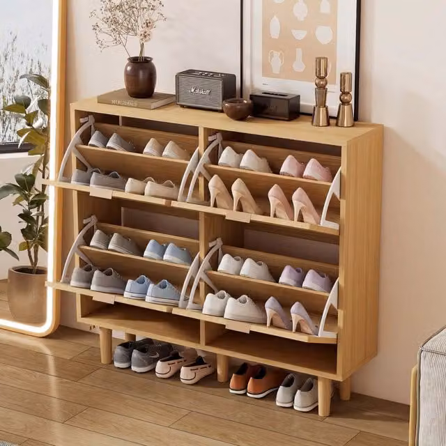 Scarpiera Minimal con 4 Ante Ribaltabili in Rattan e Legro Oak, Colore Marrone, L: 100 cm, P: 25 cm, H: 90 cm
