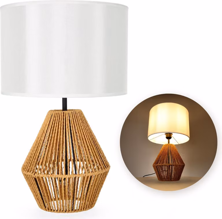 Lampada da tavolo in stile boho, paralume bianco, 50 cm