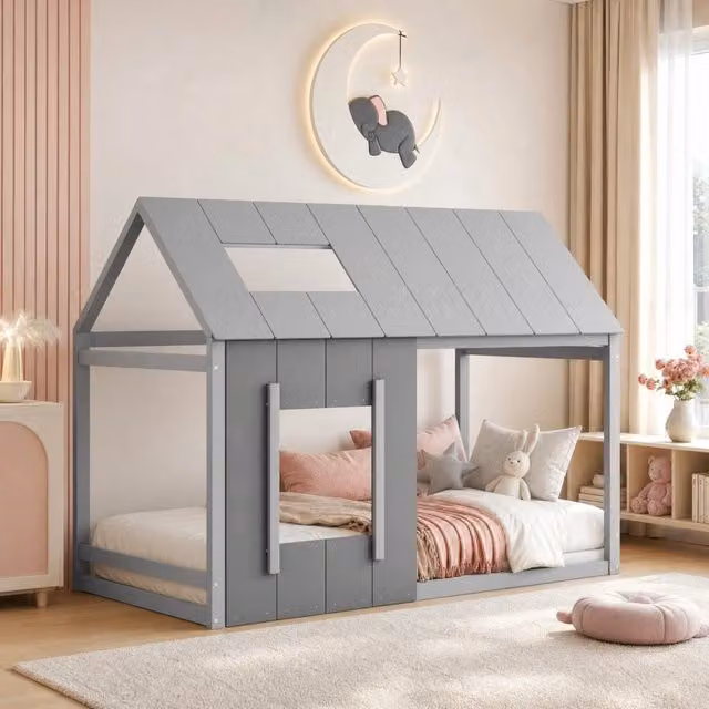 Letto singolo per bambini a forma di casetta 90x200 cm in pino e MDF grigio