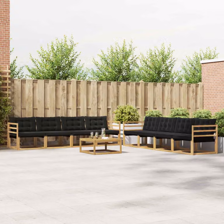 Set di divani da esterno vidaXL a forma di U composto da 9 pezzi in legno di acacia con cuscini in bianco e nero