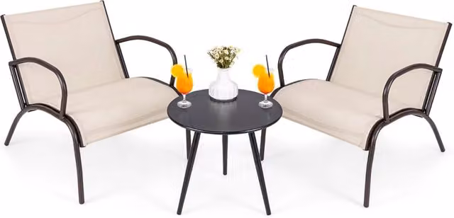 Set di sedie con braccioli e tavolino in alluminio metallico con seduta curvata in tessuto, Set di poltrone da esterno a 3 pezzi Marrone