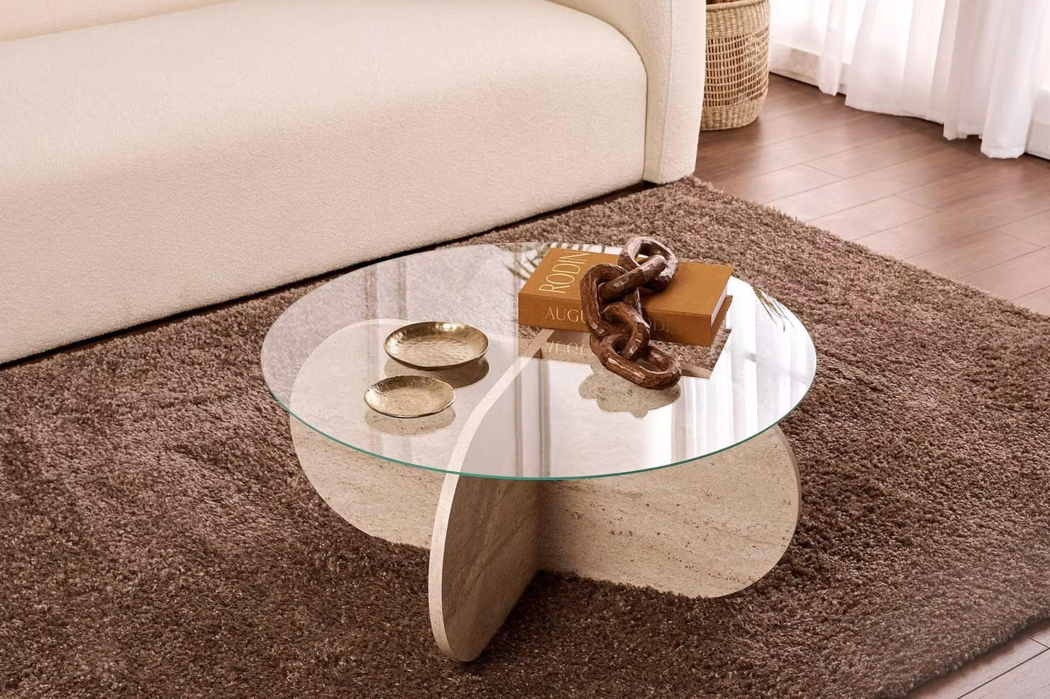 Skye Decor, Aeris - Travertino, Trasparente, Tavolini da caffè, Travertino, Vetro, 75 x 75 x 35 cm