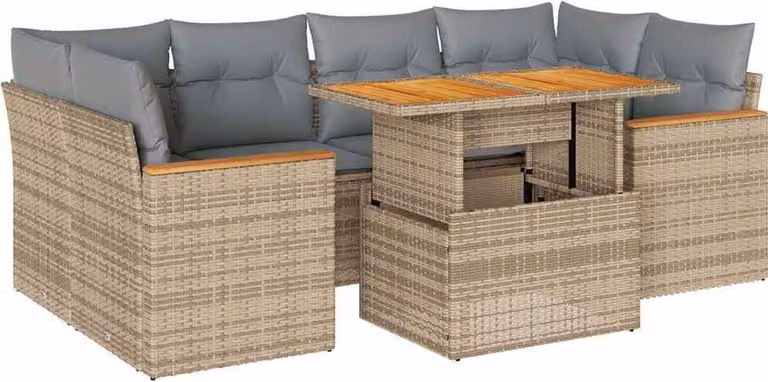 Set Divano da Giardino 6 pz con Cuscini Beige Polyrattan Acacia