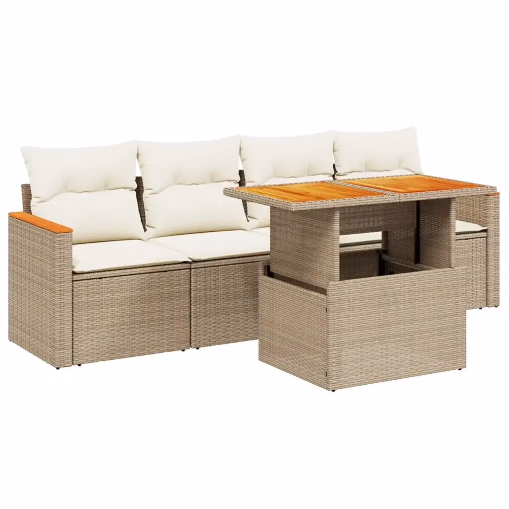 vidaXL Set Divano da Giardino 5 pz in Polyrattan con Cuscini Beige e Tavolino da Esterno – 2