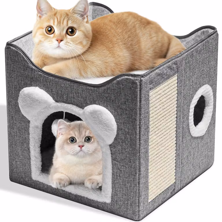 Cuccia per gatti, a due piani, pieghevole, con tiragraffi e cuscino, per animali domestici