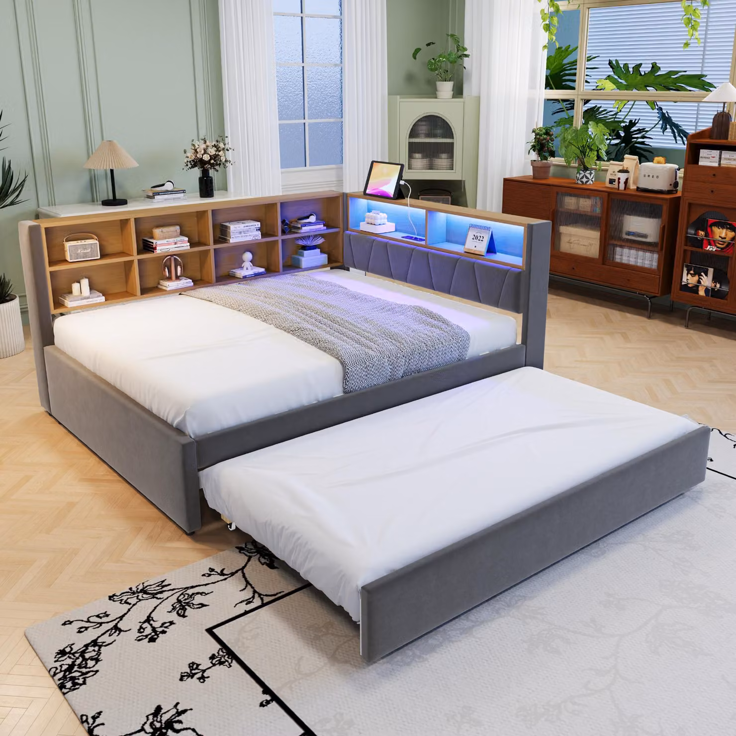 STILVORA Divano letto 140x200 cm, daybed con luci a LED e prese elettriche, lettino per bambini con numerosi vani portaoggetti, grigio scuro (senza materasso)