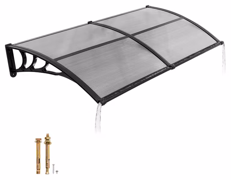 Tettoia per porta d'ingresso - Tettoia ad arco - 96,5 x 198,7 cm - Policarbonato - Con sistema di drenaggio - Supporti in ABS - Resistente alle intemperie e ai raggi UV - Grigio fumo