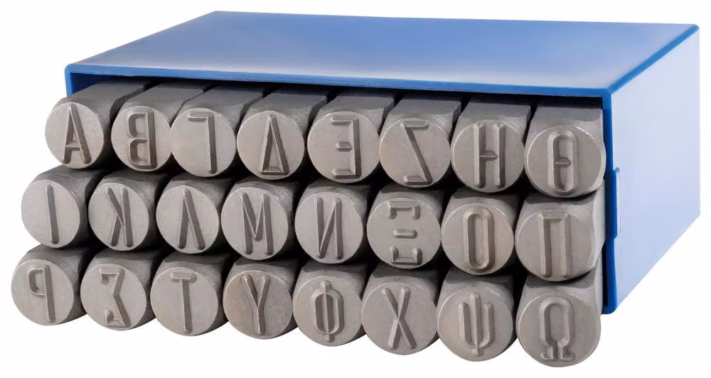 Set di timbri a mano Dönges greci rotondi, 24 pezzi, A-O, altezza caratteri 5 mm