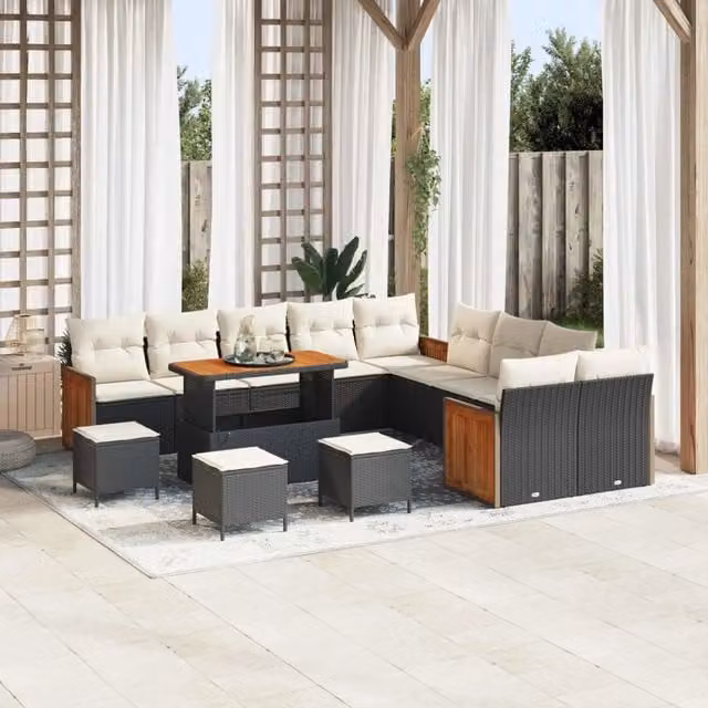 Set Divano da Giardino vidaXL a Forma a U con 14 Pezzi, Colore Nero e Beige, con Cuscini e Tavolino da Caffè