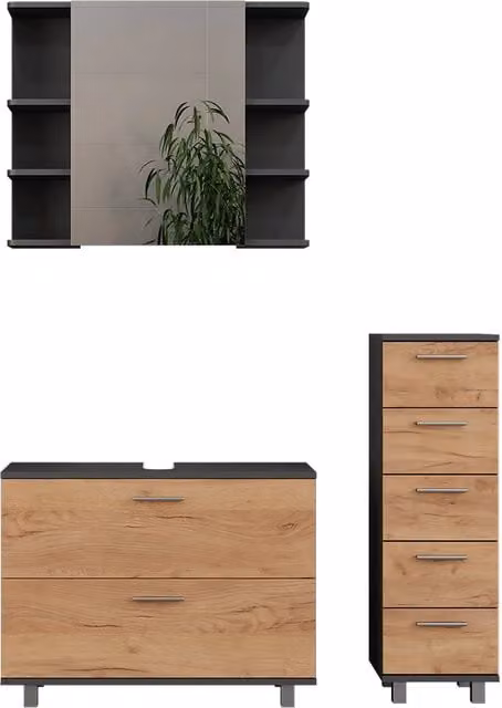 Set di mobili da bagno Ilias Rovere dorato/Antracite 3 pezzi Vicco