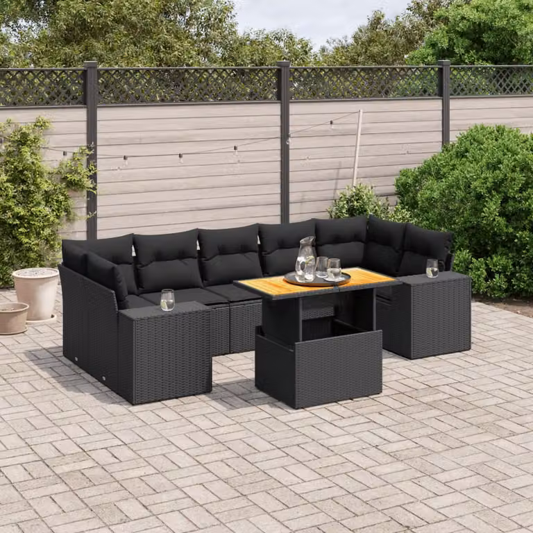 Set di divani da giardino vidaXL a forma di L con cuscini e tavolino, 8 pezzi in polyrattan nero con struttura in legno di acacia e metallo