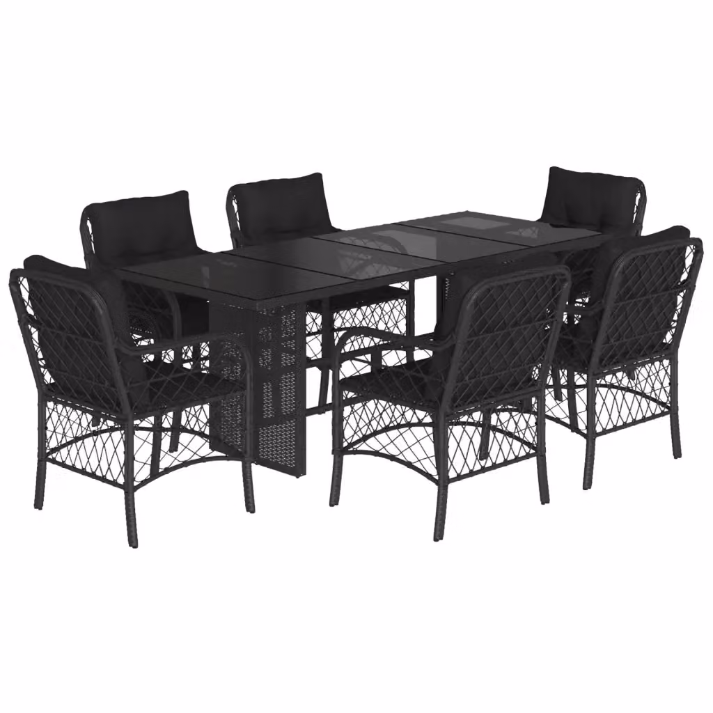 Set da Pranzo da Giardino vidaXL 7 pz in Polyrattan Nero con Cuscini e Tavolo in Vetro – 2