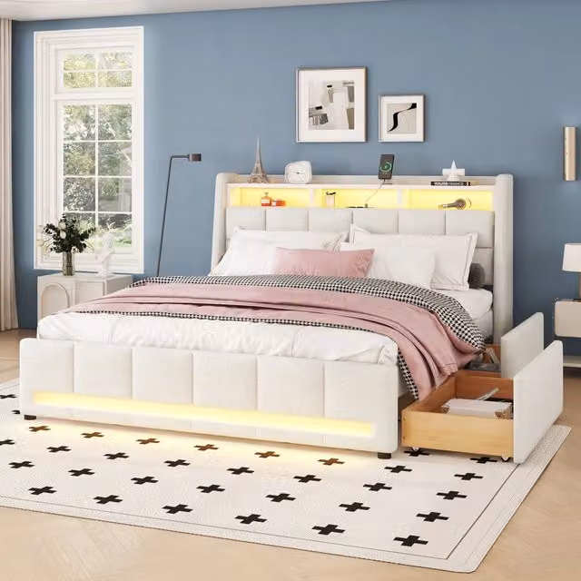 Letto Mivray moderno con cassetti e testiera contenitore in lino beige, dotato di illuminazione LED, porte USB e ripiani laterali, L/P: 140 x 200 cm