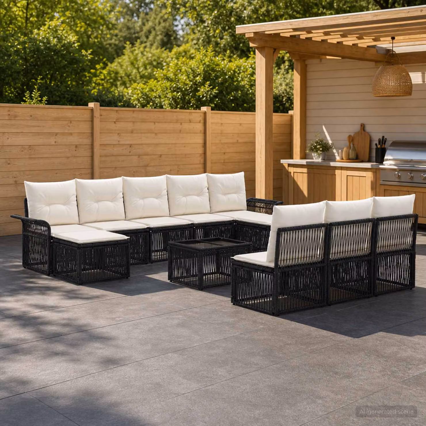 Set Divano da Giardino vidaXL 11 pz Nero in Polyrattan con Cuscini e Tavolino da U Shape