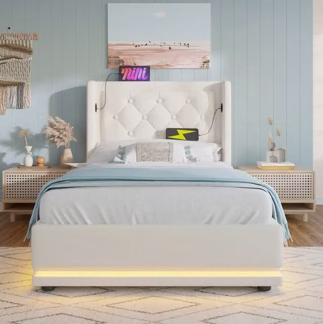 Letto singolo imbottito bianco PU 90x200 cm con contenitore idraulico, testiera con ricarica USB Tipo-C e illuminazione LED a 3 lati