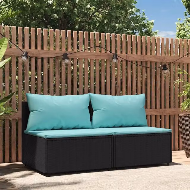 Set di 2 divani centrali da giardino vidaXL in polyrattan nero con cuscini blu