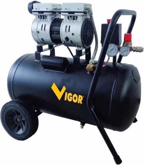 Compressore Silent Vigour VCA-S50 da 50 L, 750W, 2 Cilindri, Trasmissione Diretta, Senza Olio, Nero